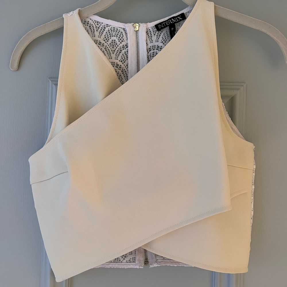 INTERMIX pleather and lace crop top, size Petite